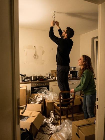 Exemple de photo : un couple qui s’installe, entre les cartons